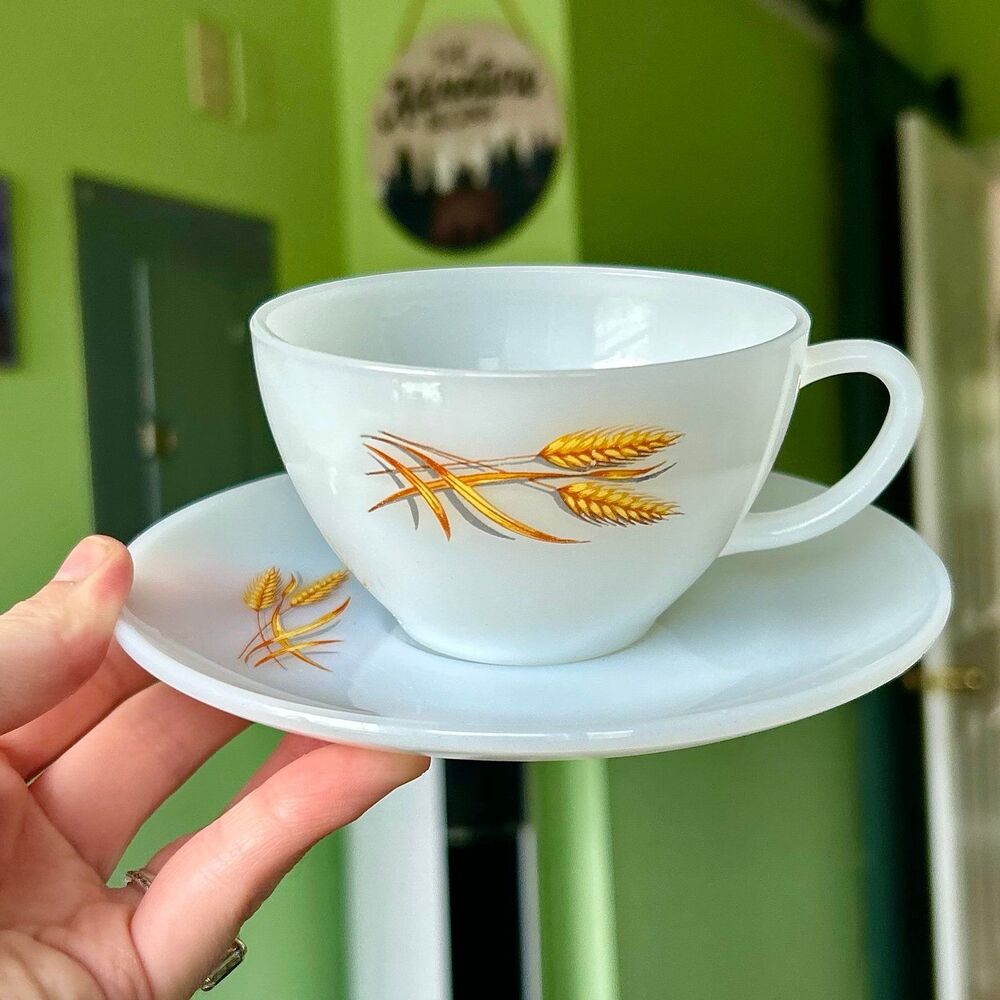 VTG Frosted Glass Wheat Design Cottagecore Homestead Cup + Saucer